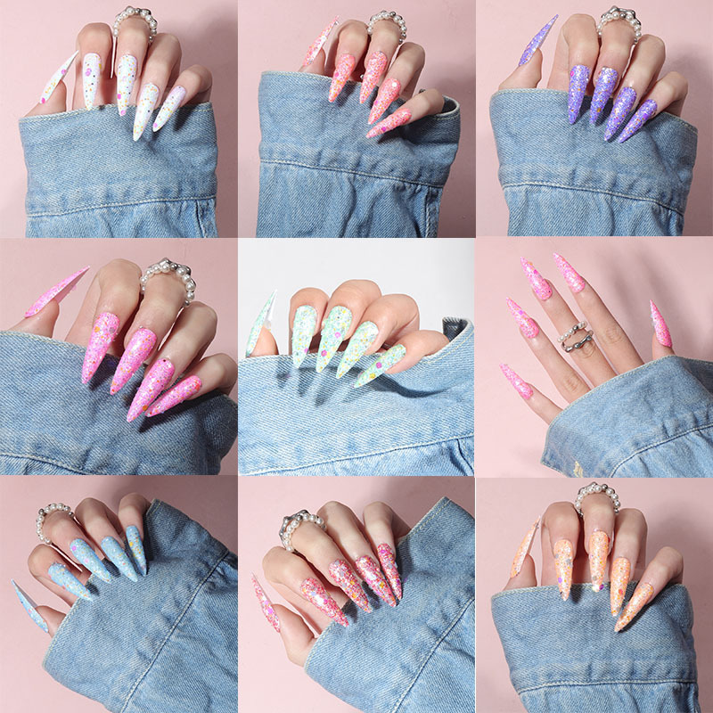 Long pointed nail colorful sequins glitter European and American wear nail multi-color combination set nail patch fake nail finished product