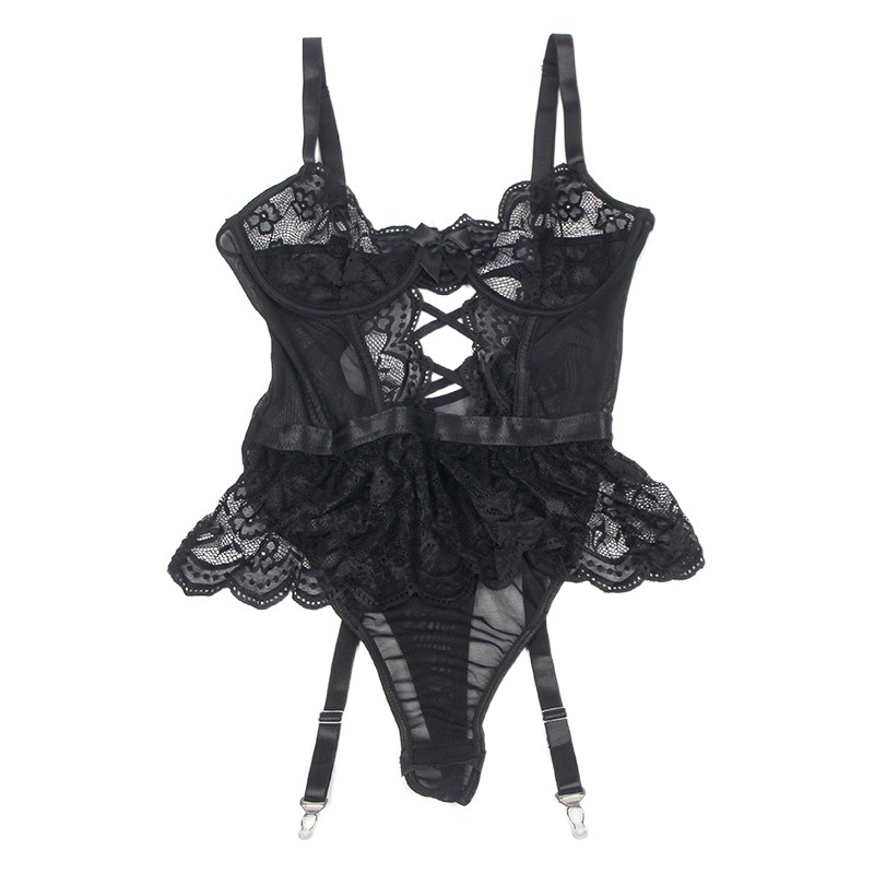 Cross-border lencería sexy más tamaño de encaje hueco Correa mono de las mujeres puro deseo malla ver a través de pijamas entrega de una sola pieza