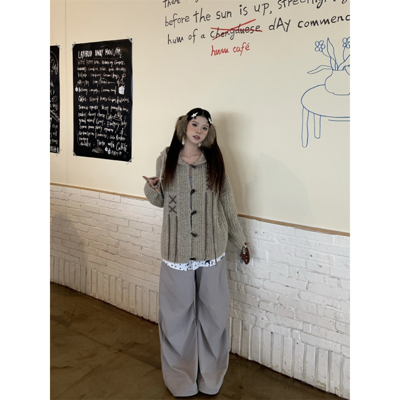 复古慵懒风牛角扣连帽毛衣女秋冬新款美式学院风宽松外套图片色|undefined
