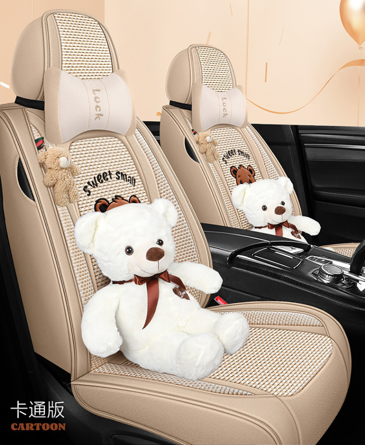 New All-Season Universal Car Seat Cushion, Full-Coverage Seat Cover, Cartoon Cute Linen, High-Grade Goddess Breathable Cotton