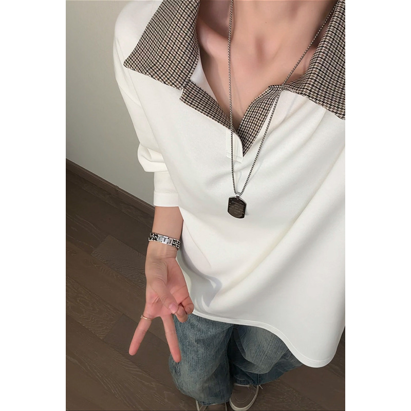 Sweatshirt met pied-de-poulepatroon in Amerikaanse stijl voor dames, nieuw trendy losvallend T-shirt met lange mouwen voor de lente en herfst._voghion.com