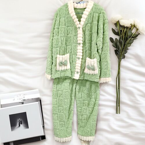 Autumn and winter coral fleece cardigan pajama set, fleece-lined and thickened, with a heart-shaped bunny motif and bow tie—knitted warm set.