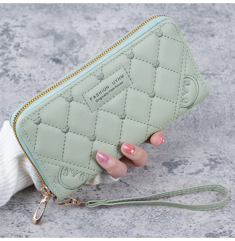 Cartera larga de mujer con cremallera única, bordado de color sólido, bolso embrague multifuncional de gran capacidad para teléfono móvil