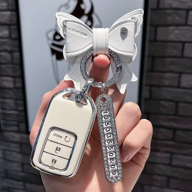 BT 키 G 모델 - 스마트 3버튼 [싱글 쉘 화이트] + 화이트 리본 다이아몬드 버클 + 실버 번호판