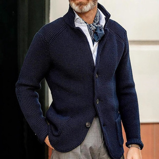 2025 European and American Fashion Amazon Independent Station New Men's Casual Long Sleeve Solid Color Knitted Jacket Men's Wear