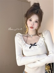 5171#秋冬法式修身短款蕾丝蝴蝶结上衣感针织打底衫女内搭