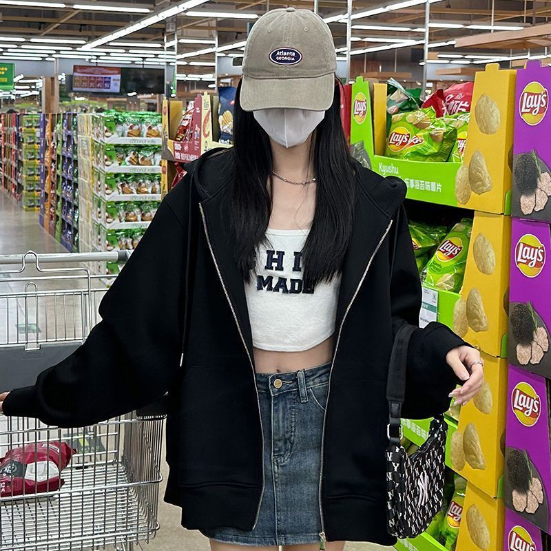 美式复古重磅连帽卫衣女春秋oversize薄款外套宽松慵懒风开衫上衣|undefined