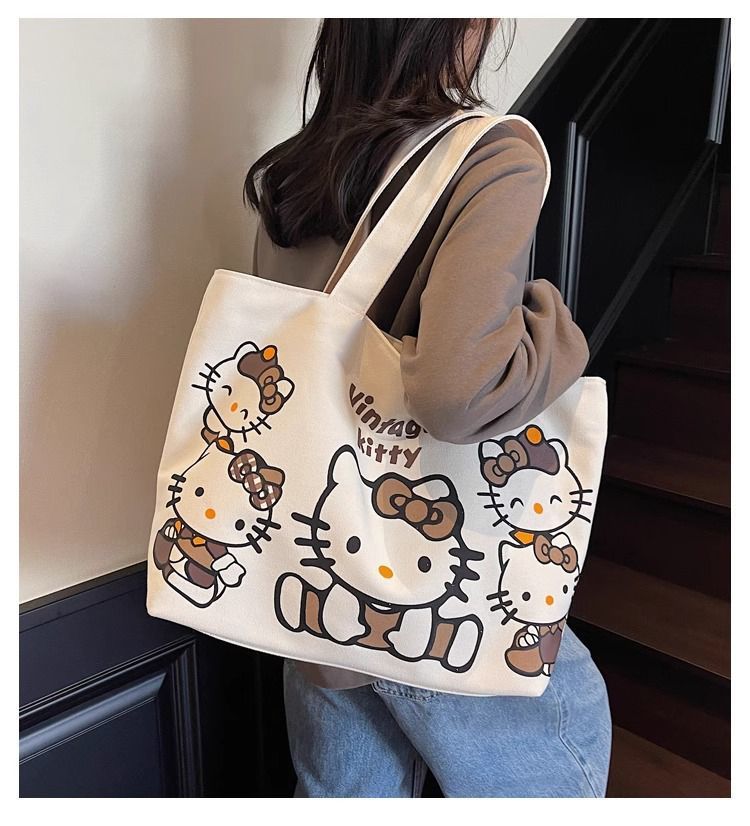 Cartoon canvas single-shoulder bag, women's large-capacity commuter tote bag, Spring/Summer 2025, cute cat tote bag, cross-border full figure