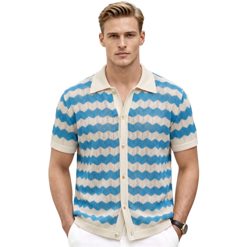 Cross-Border Men's Clothing European and American Style Casual Cardigan Polo Shirt Summer Breathable Mesh Hollow Striped Knit Shirt Sj0118