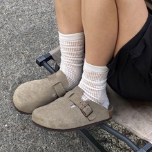 桑坡全牛皮勃肯包头拖鞋女外穿经典底真皮松木复古一脚蹬钓鱼博肯