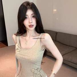 辣妹蝴蝶结立体装饰短款t恤女秋季纯欲小上衣时尚高街吊带背心ins