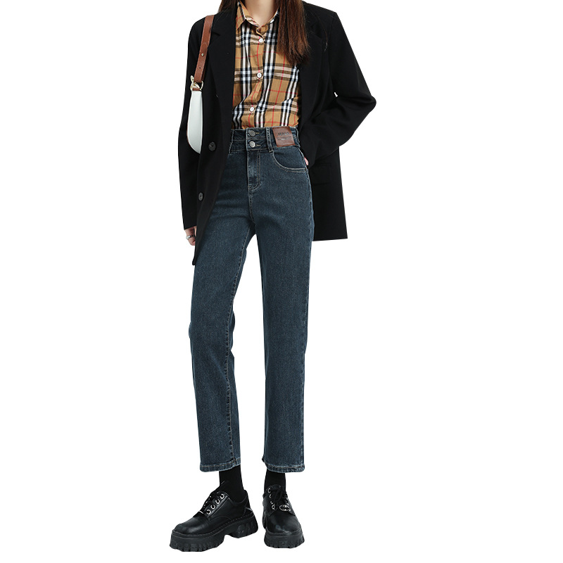 주의 순간 2024 가을과 겨울 기모 스트레이트 청바지 숙녀 높은 허리 느슨한 슬림 파이프 바지