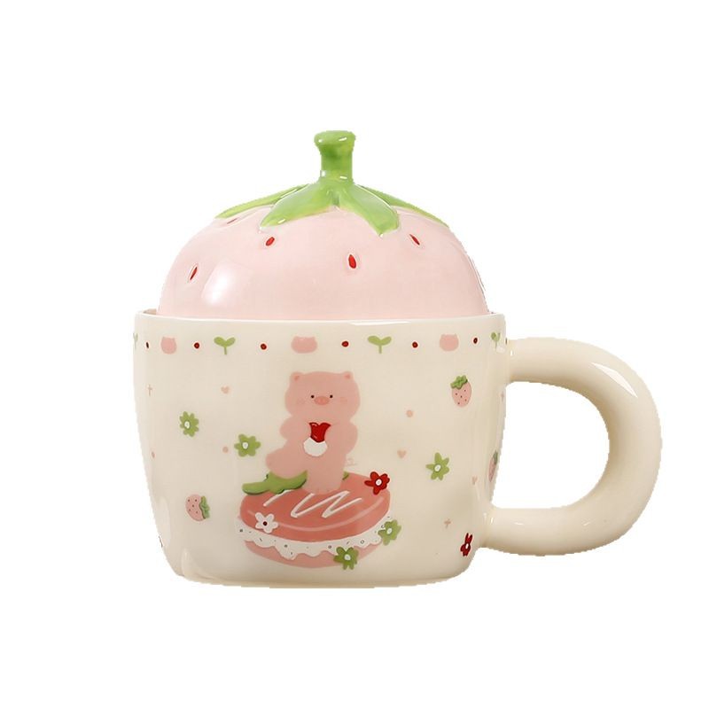 Taza de cerámica con oso fresa, regalo lindo para estudiantes