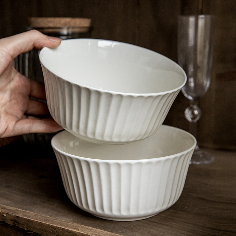 Tacos de fideos verticales de 6 pulgadas de cerámica en relieve, ensalada blanca, tazón de fideos de desayuno, exportación transfronteriza