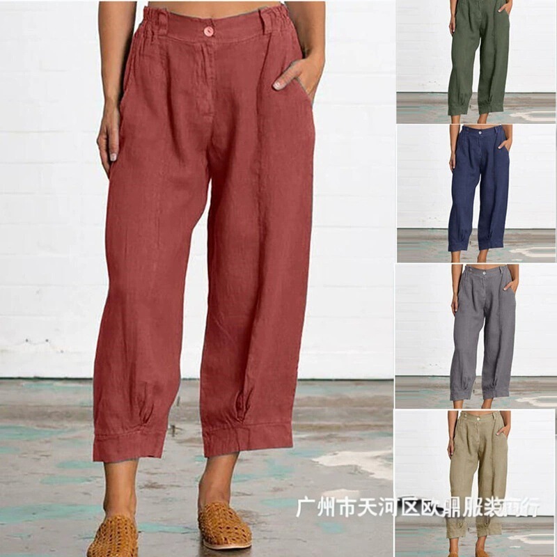 Large Quantity in Stock Wish Aliexpress New European and American Style Loose Plus-Size Women's Long Pants Cotton Linen Solid Color Cropped Casual Pants