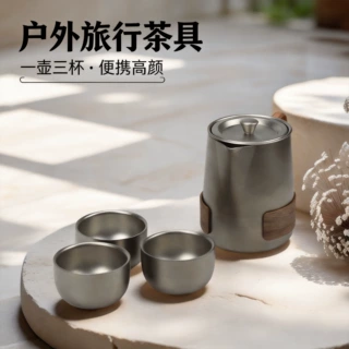 户外露营双层钛化茶具304旅行茶具套装便携露营快客杯一壶三杯茶