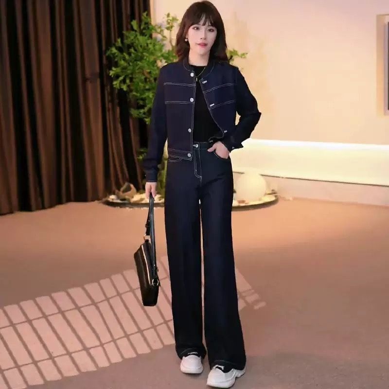 ファッションのデニムのスーツの女性の2025春の新型の洋気の年齢を減らす気質はやせているショートコートのワイドパンツの2つのセットを現します。|undefined