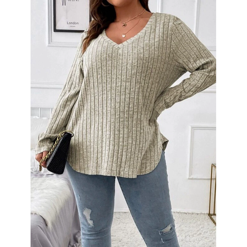Demi-season solid long-sleeve, T-shirt, Amazon, plus size, V-neckline, oversize