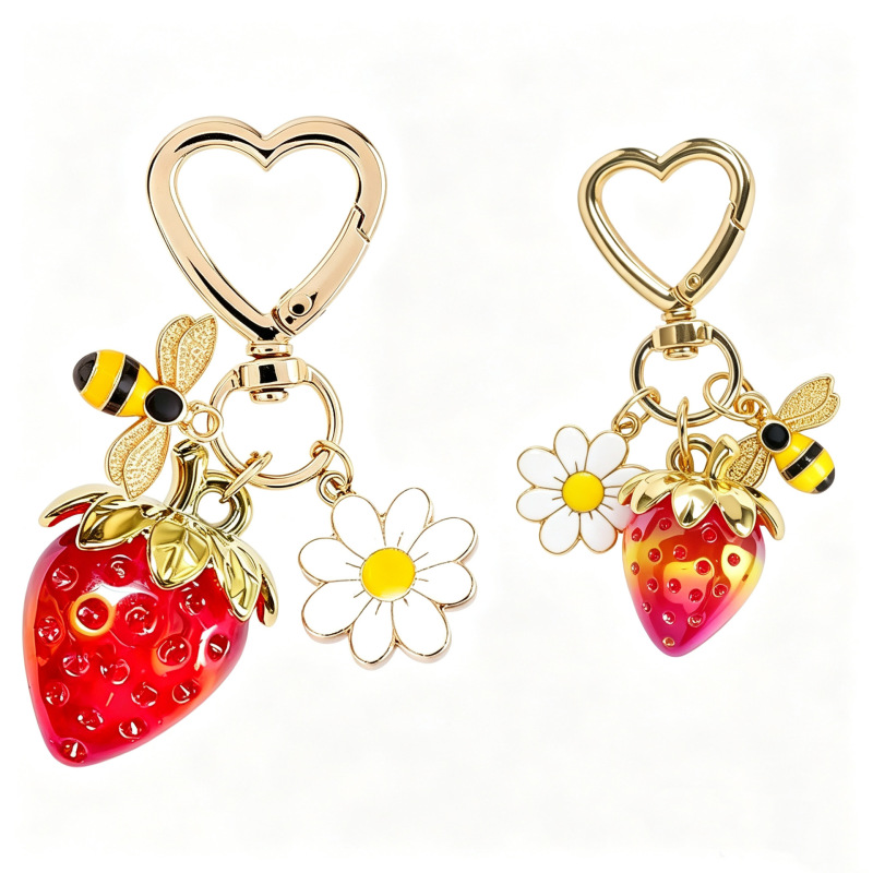 Cross-Border Hot-Selling Transparent Strawberry Flower Bee Heart-Shaped Keychain Sweet and Cute Bag Keychain Decoration Pendant
