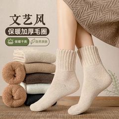 秋冬新款保暖加厚毛圈袜高弹居家地板袜加绒毛巾底复古针织中筒袜