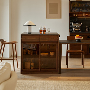 North American Black Walnut Island Table Dining Table Home Solid Wood Bar Multi-Functional Storage Sideboard Sliding Door Storage Cabinet