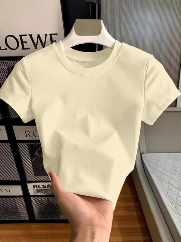 【店頭売れ筋】夏厚手純綿香港風シックな右肩半袖Tシャツレディース春夏ネイビーブルートップス|undefined