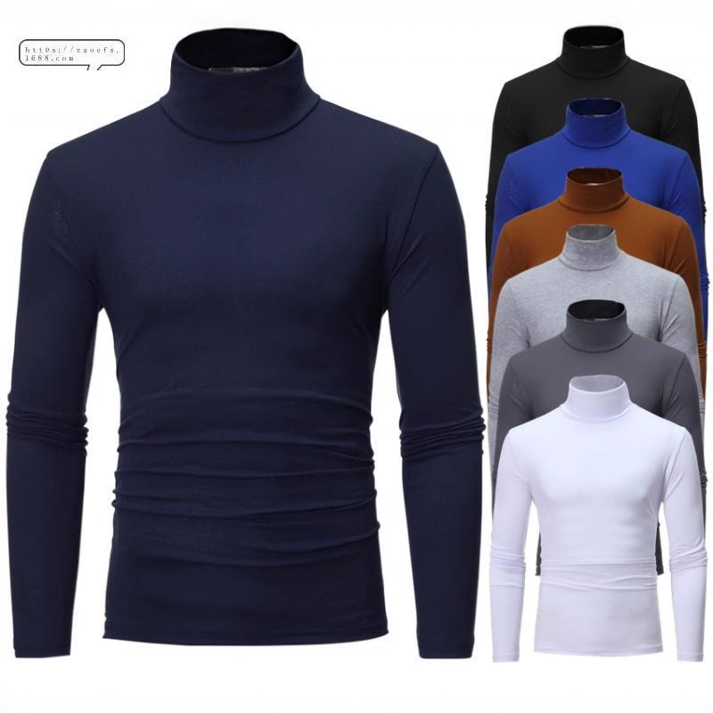 Foreign Trade 2026 Autumn and Winter New Style Youth Men's High Collar Thin Pure Color Slim Fashion Long-Sleeved T-Shirt