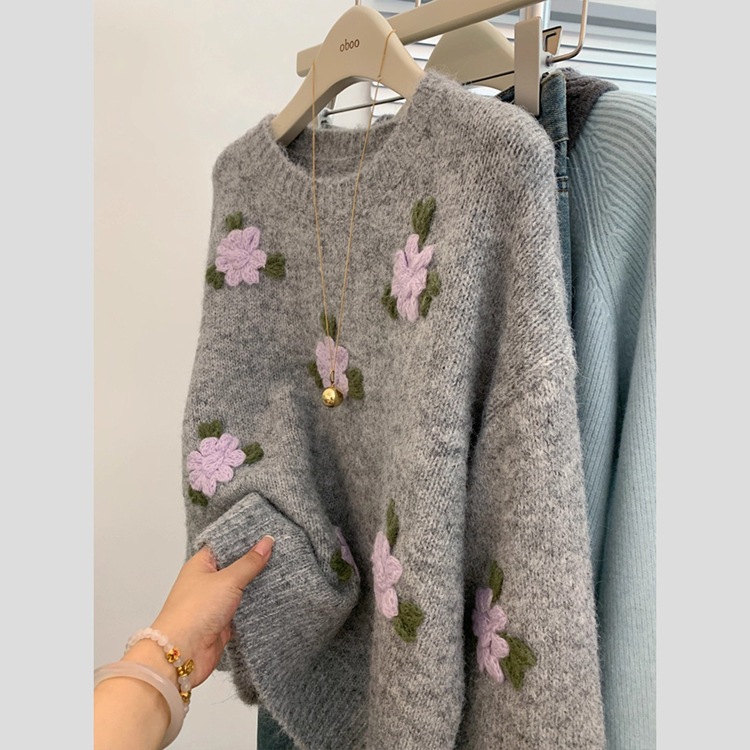 Collar redondo gris flor tridimensional bordado jersey jersey suéter de diseño para mujeres nicho suelto blusa delgada