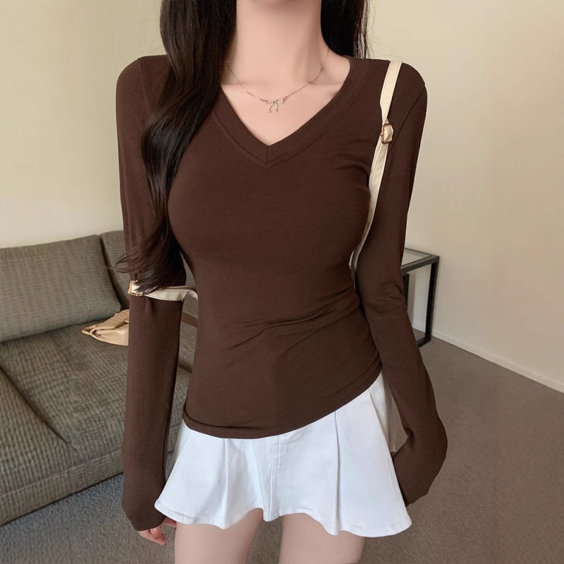 [Modal 92 Rayon 8 Spandex 260g] Pure Color V Neck Long-Sleeved T-Shirt Women's Slimming Look Sun Protection Shirt Versatile Top