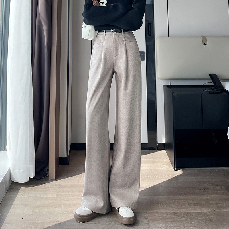 安可拉红毛呢裤女秋冬时尚高腰宽松显瘦休闲窄版阔腿直筒西装裤子|undefined