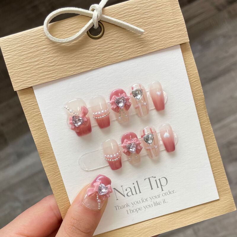 Spring Letter Summer Pure Pink Plaid Flash Sweet Sister Bow Hand-worn Finished Fake Nails