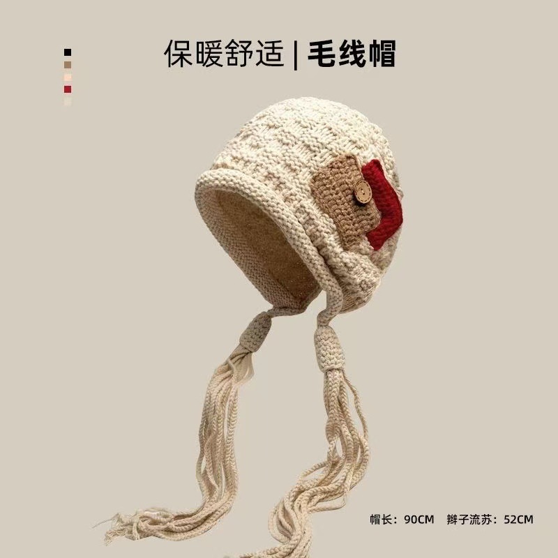 手工辫子针织帽潮新款时尚贴布流苏红色毛线帽子女秋冬季保暖纽扣|undefined