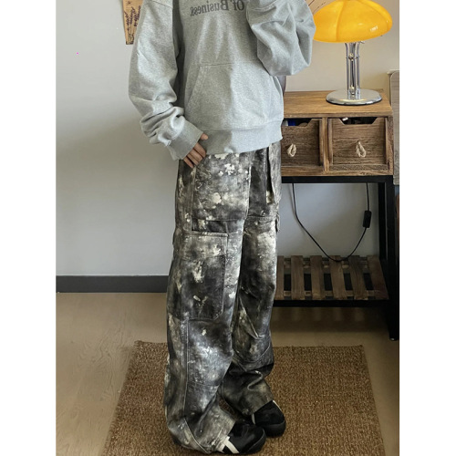 Vibe-style American high street retro printed camouflage work pants for men and women, gender-neutral loose niche straight-leg jeans