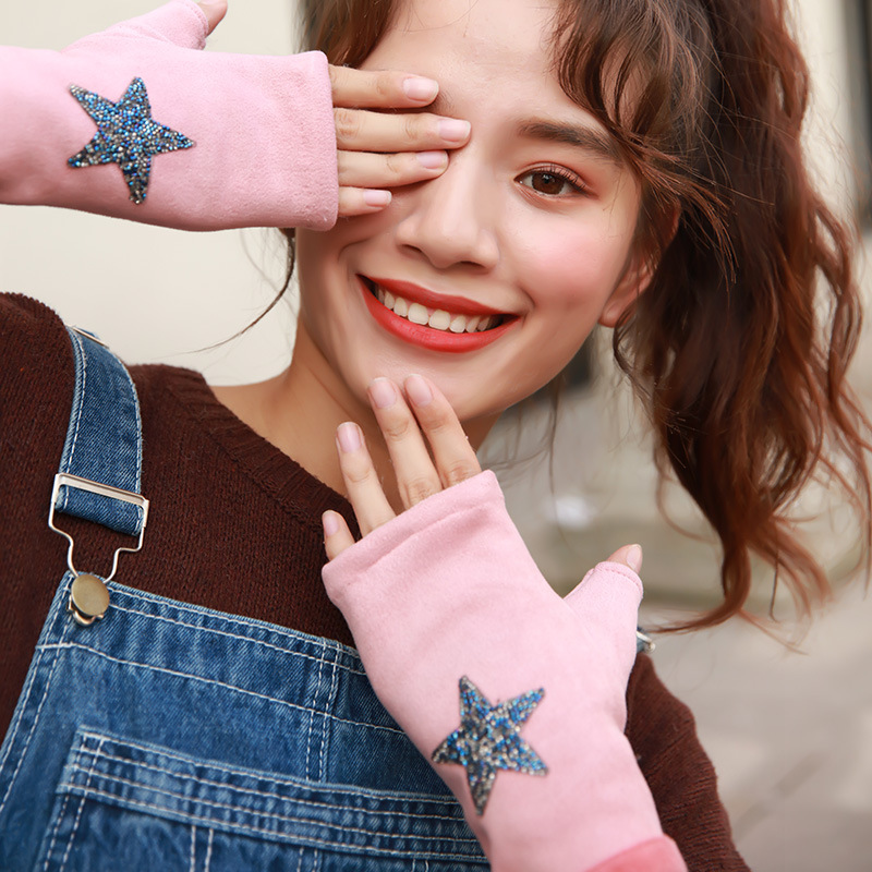 秋冬保暖半指卡通现货可爱手套粉色露指分指手套印花手套现货批发