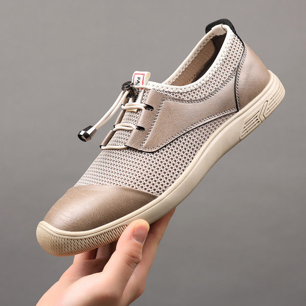 Giày nam lười xỏ chân lưới dệt thoáng khí nhẹ mỏng, giày thể thao casual đế bằng gót thấp — Màu trắng ngà, màu đen