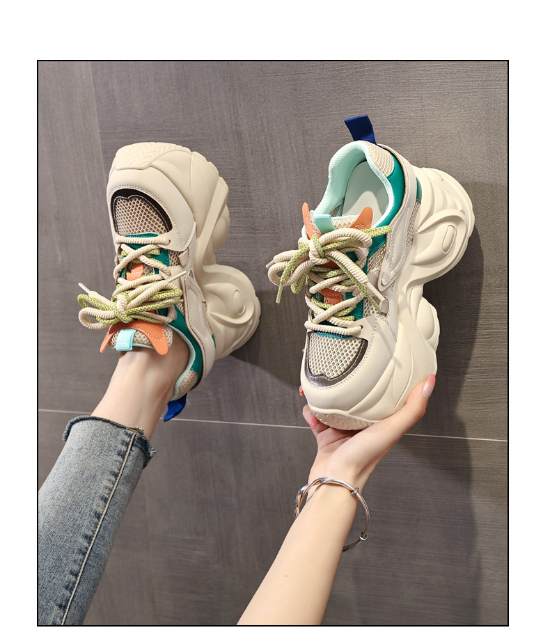 Giày sneaker nữ đế dày tăng chiều cao lưới thoáng khí — Màu vàng trắng chi tiết 13