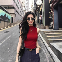 复古港风酒红色半高领吊带背心女夏外穿修身冰丝无袖内搭针织上衣