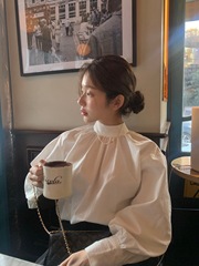 2025早秋新品韩版小众百搭小高领纯色长袖衬衫女上衣