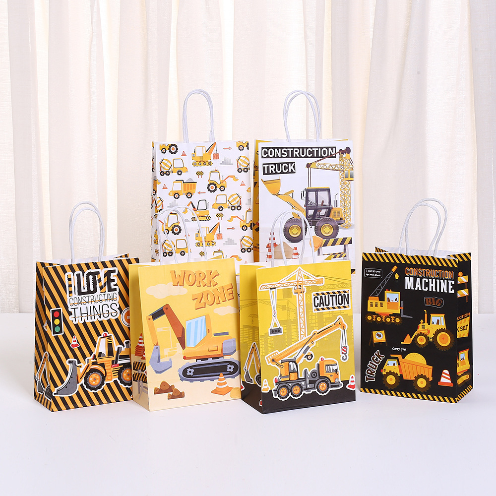 印花挖掘机牛皮纸礼品袋卡通礼品包装袋便捷大容量商场打包袋