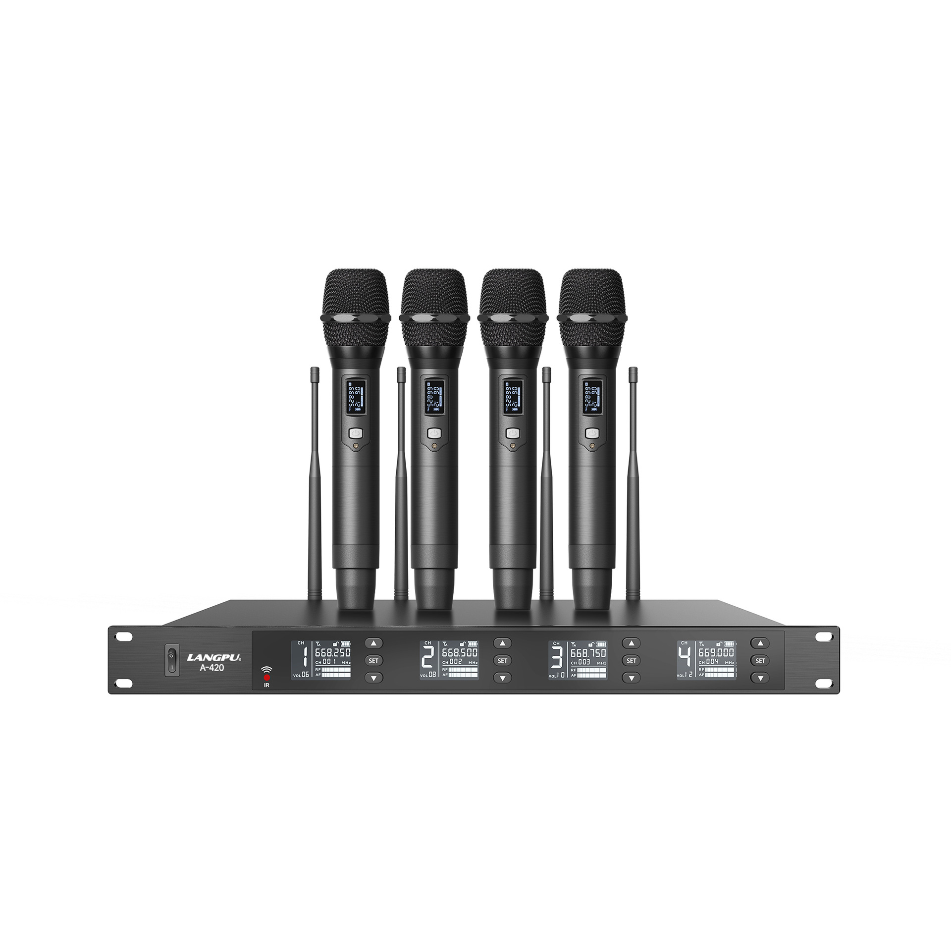 Langpu A-420 1対4ワイヤレスマイク 家庭用ハンドヘルドマイク インタビュー 会議 ステージ カラオケ ライブ配信用