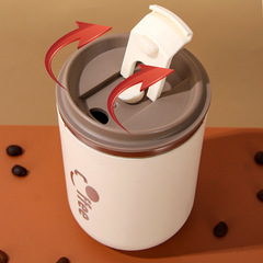 304 Stainless Steel Double-Layer Coffee Cup with Heat Insulation Straw Holder, Sealed Cup, High Fashion Portable On-the-Go Cup