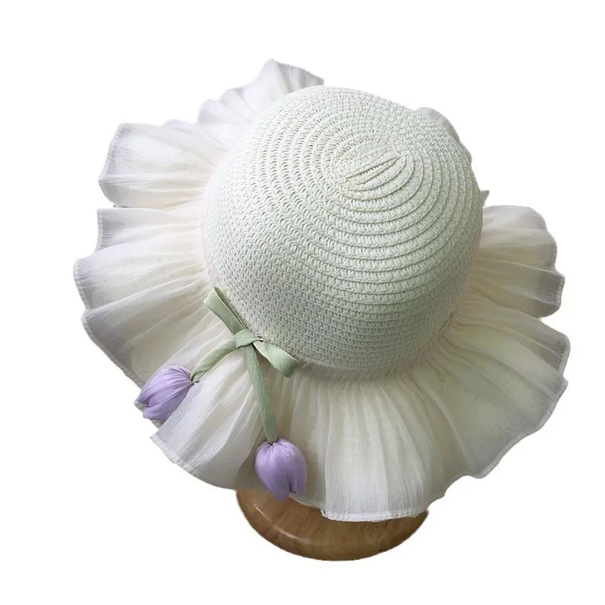 Sombrero de paja para niña de verano Estilo de verano Princesa Playa Protector solar Sombrero grande Sombrero de pescador de tulipán Sombrero de paja