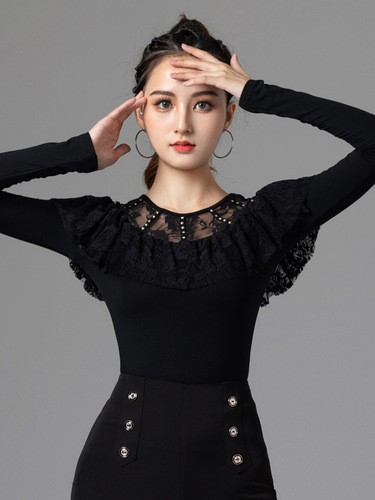 Black lace ballroom Latin dance tops women's long sleeved ruffles neck adult lace bling shirts for female modern dance practice clothing national standard dance clothes