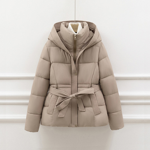 2025 Slimming Hooded Belted Warm Coat New Arrival Korean Version Thick Cotton Women's Short Coat