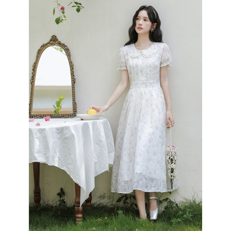 2025夏季新款法式甜美娃娃领提花刺绣碎花文艺减龄短袖连衣裙女|undefined