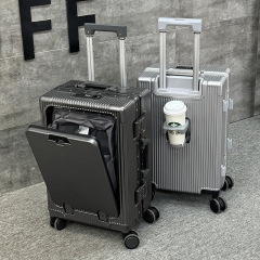 カスタマイズされたフロントオープン多機能タイロッドはアルミフレームのスーツケースを注文します。24搭乗パスワード旅行は20インチから卸売りします。