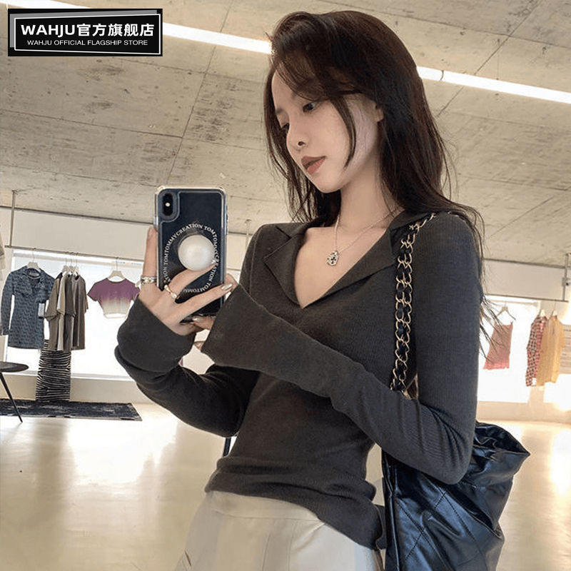 WAHJU软糯polo针织毛衣女秋冬修身显瘦内搭纯欲洋气v领上衣打底衫