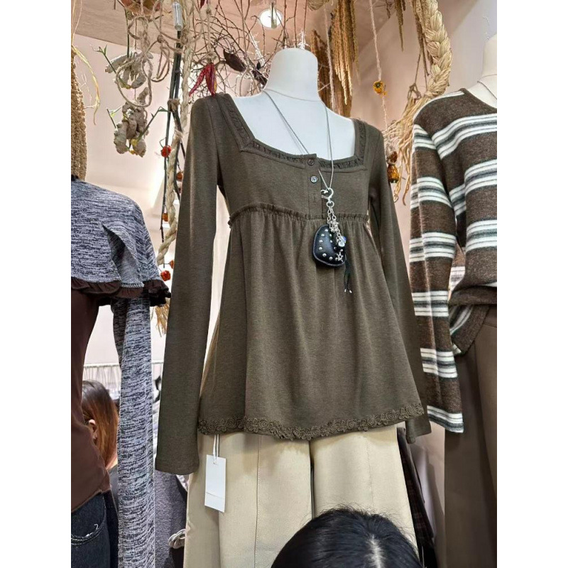 OURLIK纯欲针织方领森系修身柔软长袖T恤女2025新款冬季百搭打底