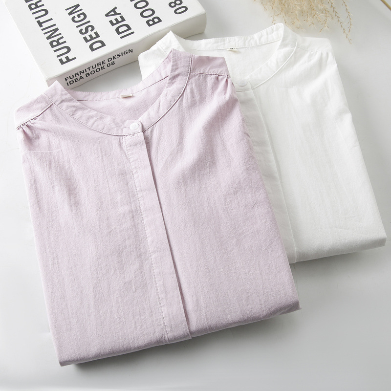 Korean version of the new round neck solid color women's cardigan wash cotton long sleeve shirt wholesale tide Korean version of the new round neck solid color women's cardigan wash cotton long sleeve shirt wholesale tide