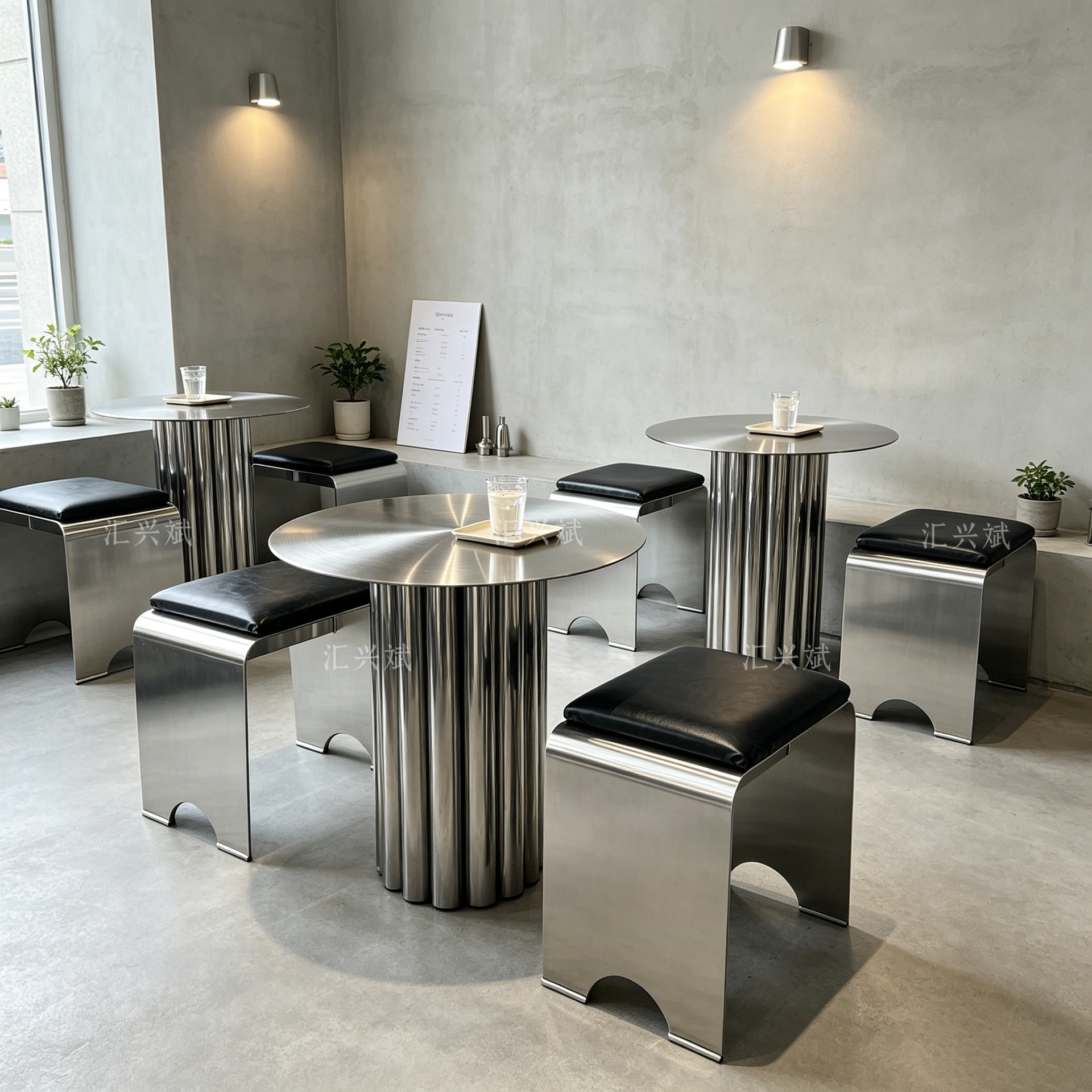 Industrial-style stainless steel table and chair set for trendy milk tea shops, cafes, bars, and lounge areas, stainless steel round table